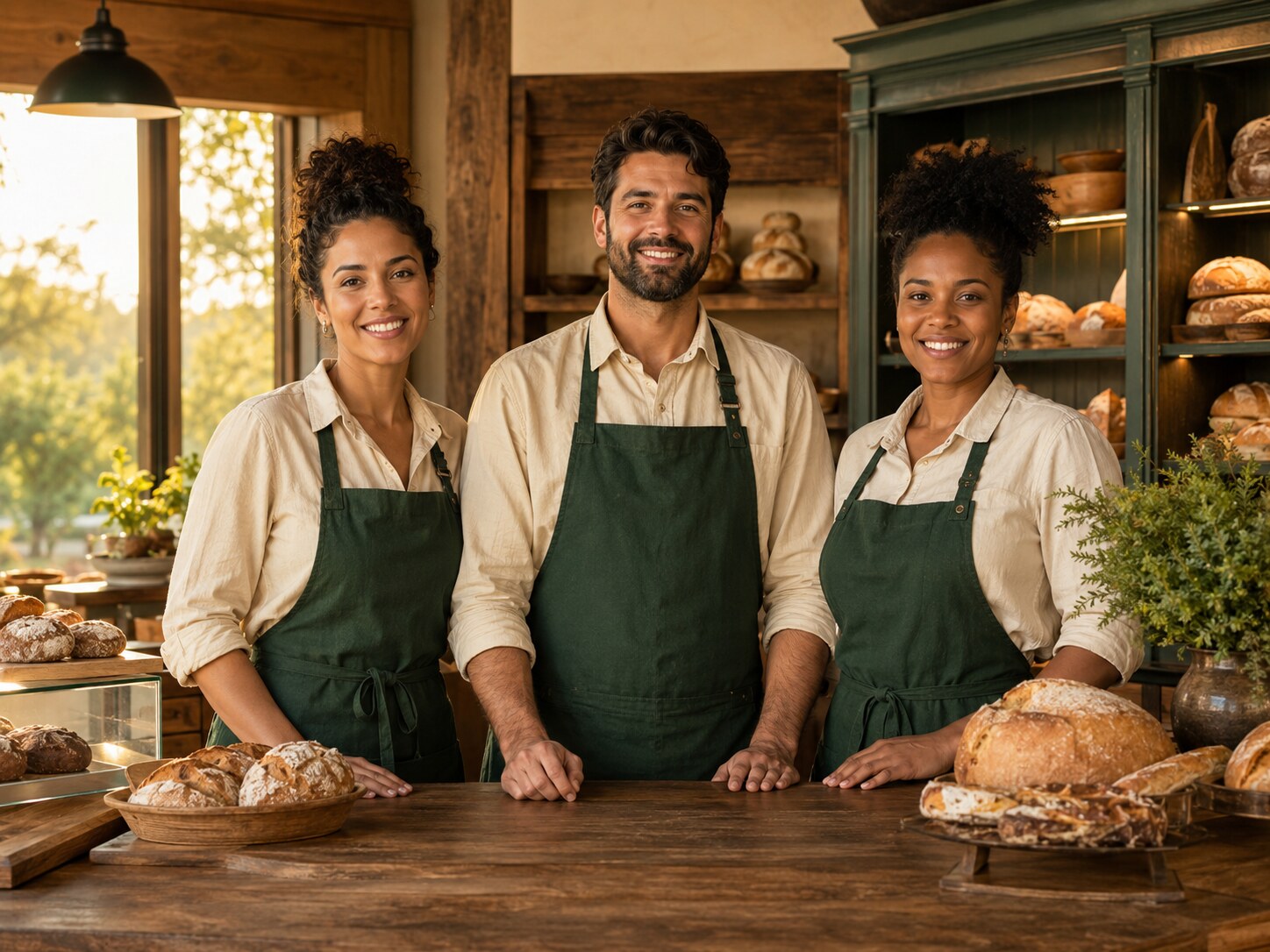 Equipe da Pão da Serra uniformizada atrás do balcão