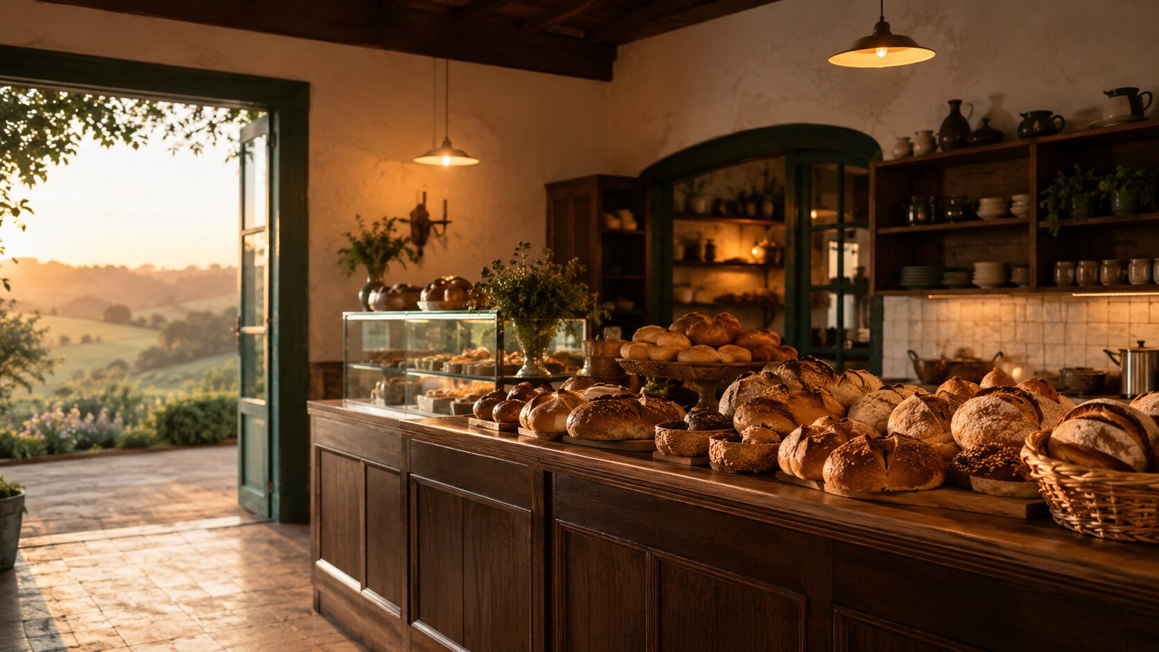 Interior acolhedor da padaria Pão da Serra com pães artesanais sobre o balcão