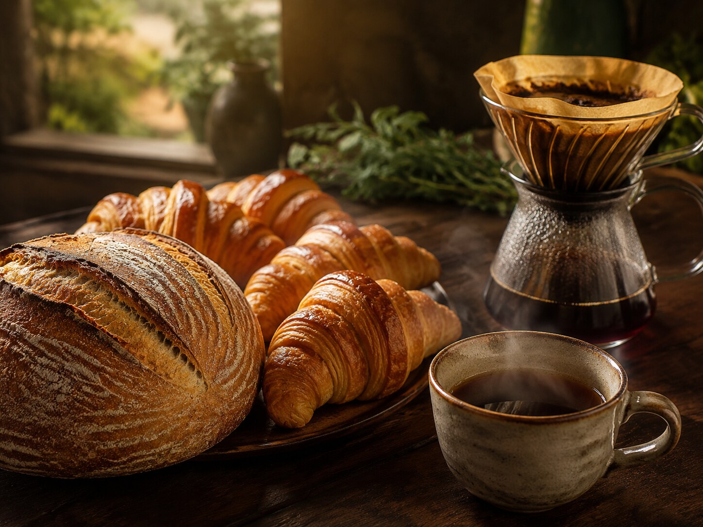 Pães, croissants e café artesanal sobre mesa de madeira